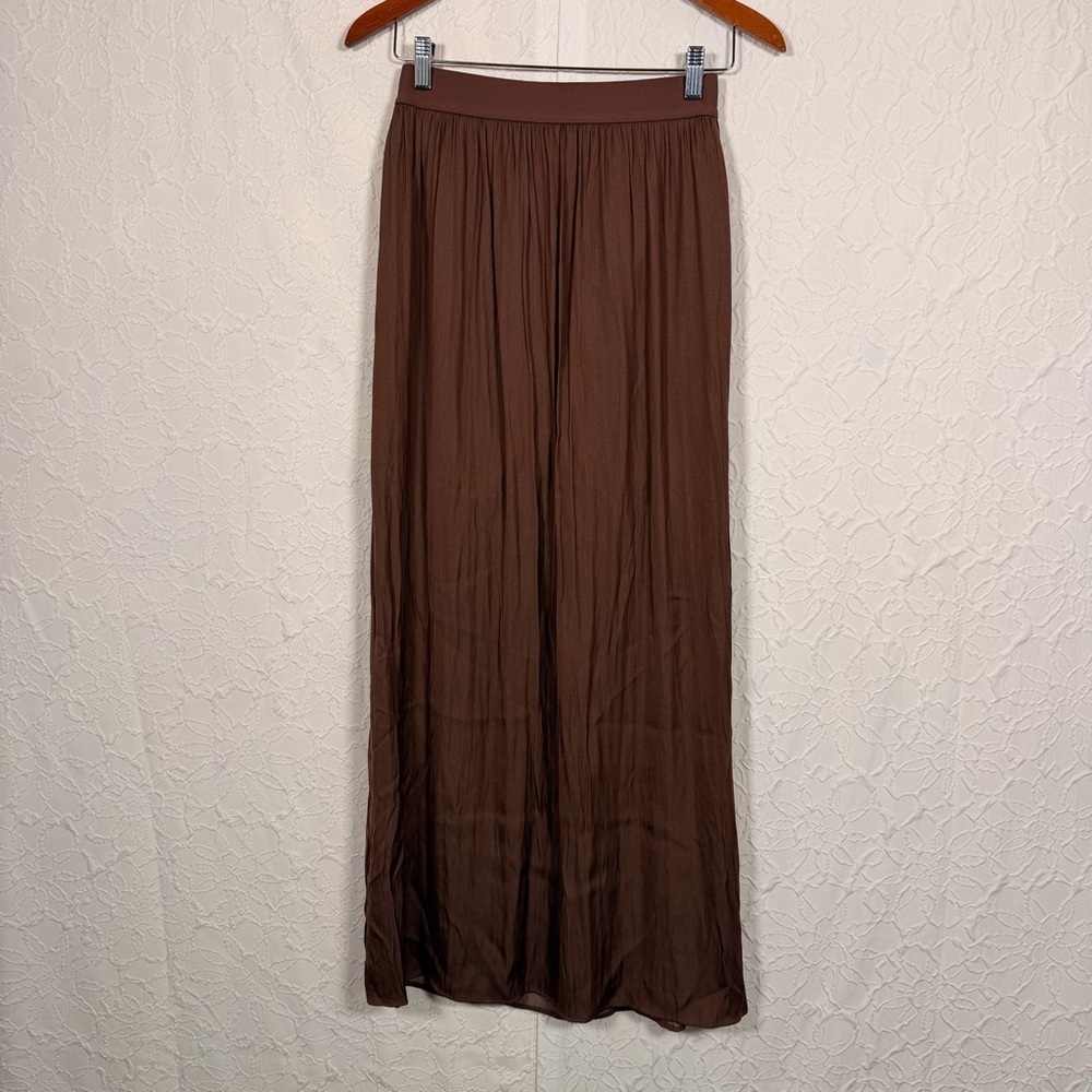 DR2 By Daniel Rainn Silky Brown Side Slit Flowy Boho Maxi Skirt Sz S